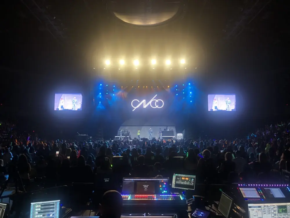 CNCO on stage, viewed from the lighting and video control desks